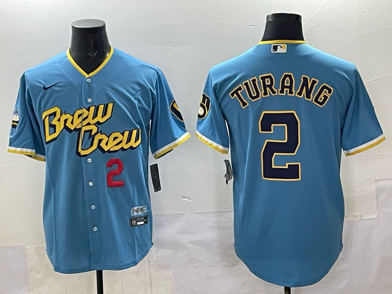 Men 2025 Milwaukee Brewers #2 Turang blue Nike MLB Jersey style 005